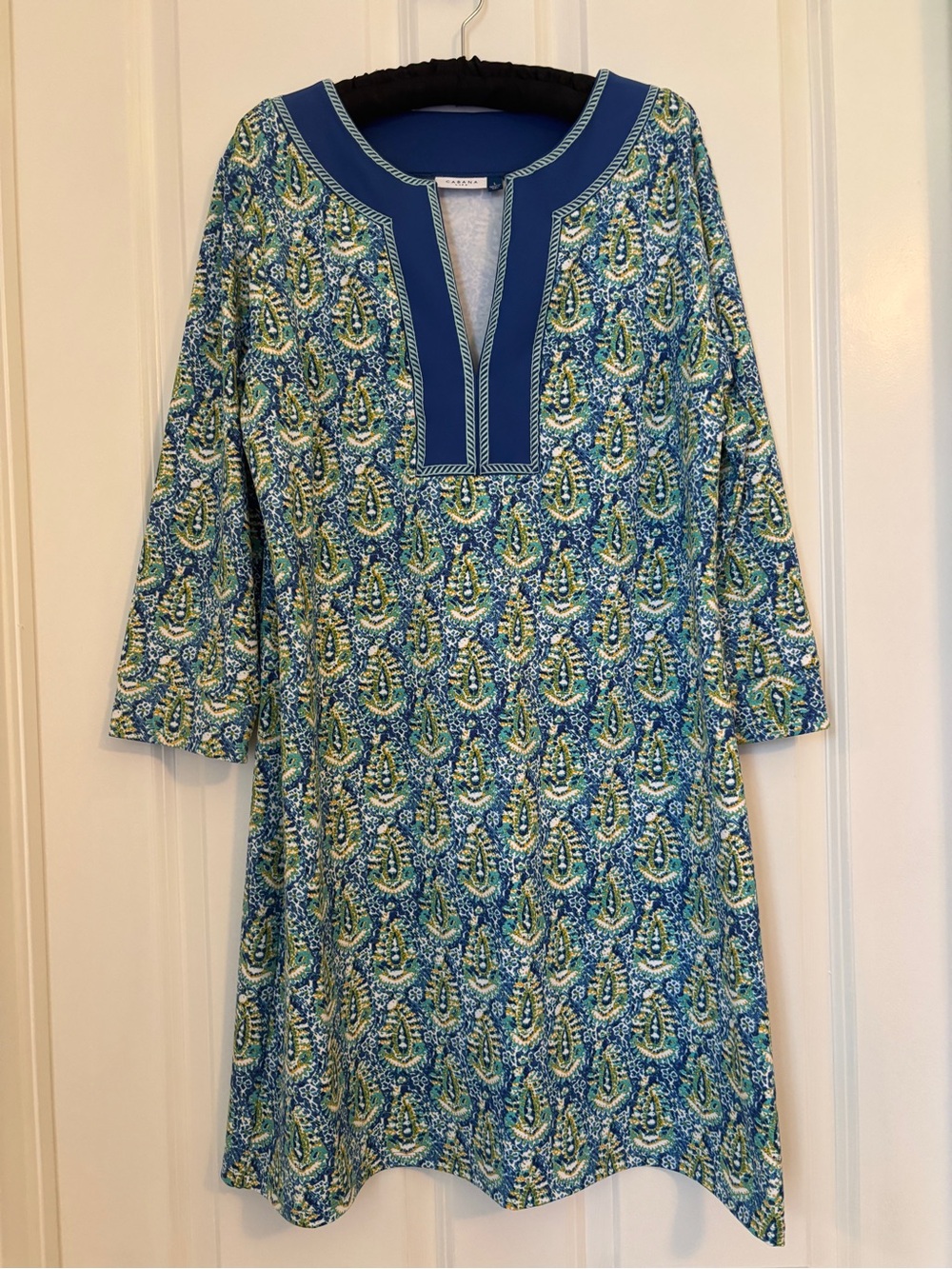 Cabana Life - Blue/Green Printed Tunic Dress w/ Contrast Yoke. Size L Poly Blend